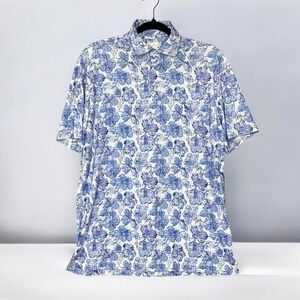 TailorByrd Polo Shirt Sz Medium Blue Floral Tropical SPF 30 Stretch Golf Resort